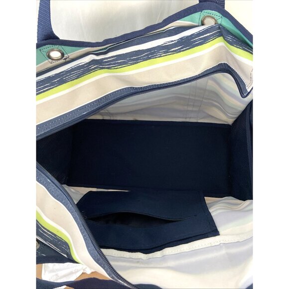 Thirty-One Deluxe Utility Tote Sea stripe Navy Blue Green White Beige Stripes - Picture 6 of 9